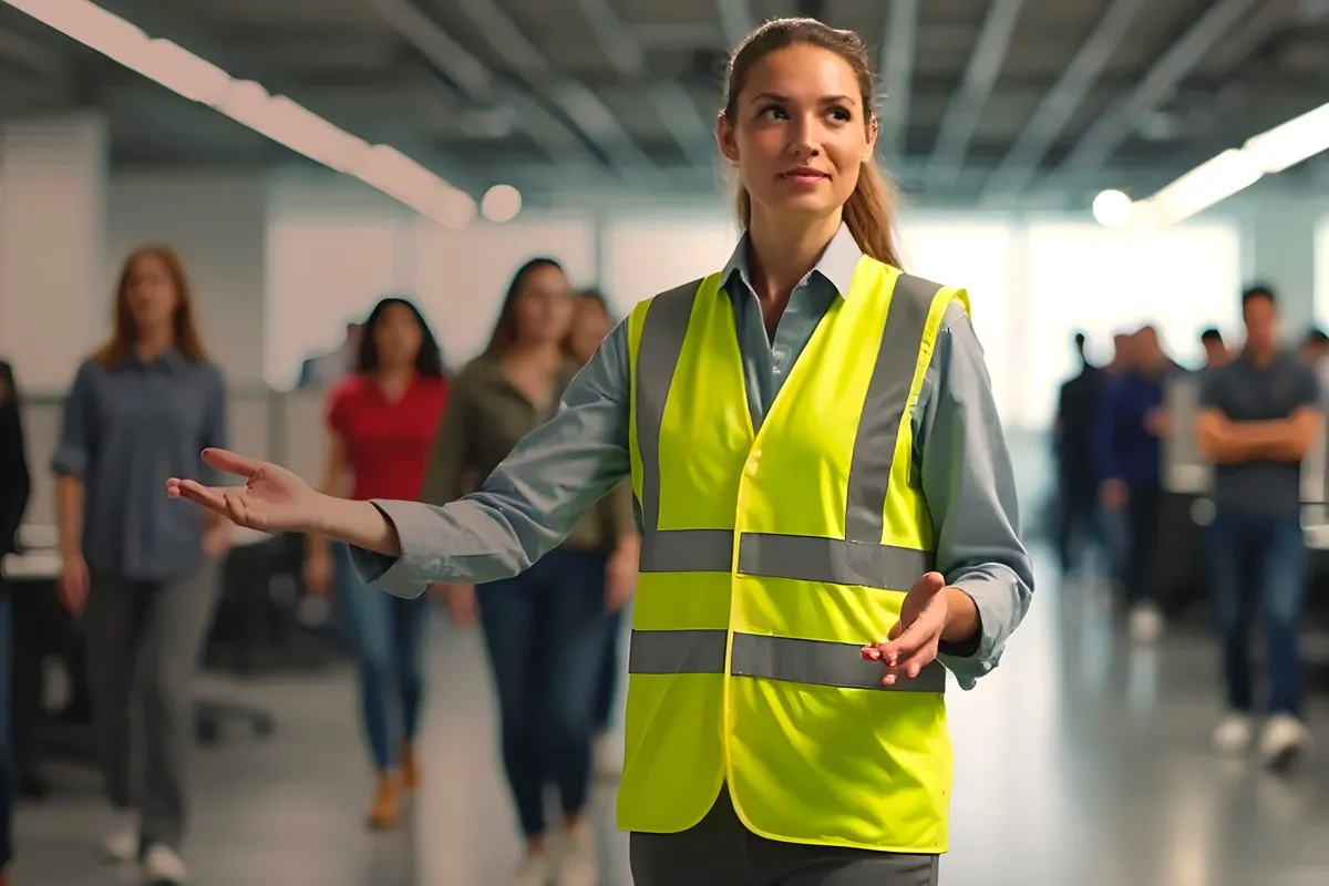 A fire marshal in hi-vis guiding staff out of a building